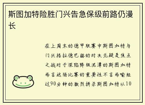 斯图加特险胜门兴告急保级前路仍漫长